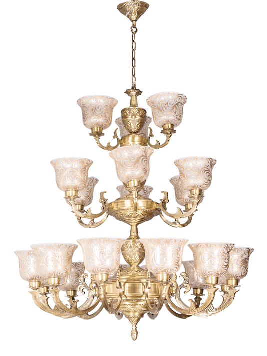 Regal Jaisalmer 3-Tier Brass Chandelier: 21 Lights, Hand-Painted Glass, Grand Palace Style