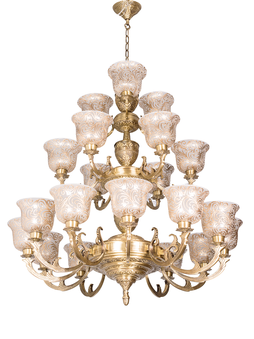 Regal Jaisalmer 3-Tier Brass Chandelier: 21 Lights, Hand-Painted Glass, Grand Palace Style