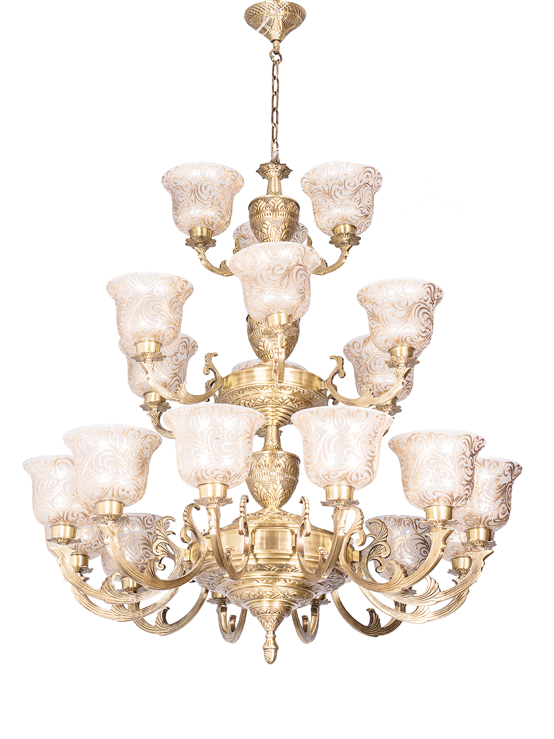 Regal Jaisalmer 3-Tier Brass Chandelier: 21 Lights, Hand-Painted Glass, Grand Palace Style