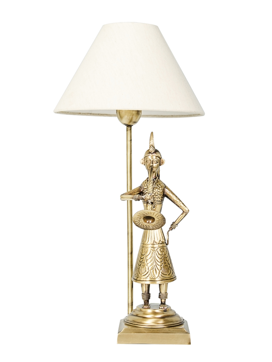 Handcrafted Indian Village Brass Table Lamp with Tapered Fabric Shade