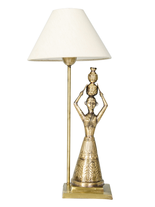 Hand-Carved Brass Kalash Taper Table Lamp, Ethnic Rajasthani Village Style Lighting