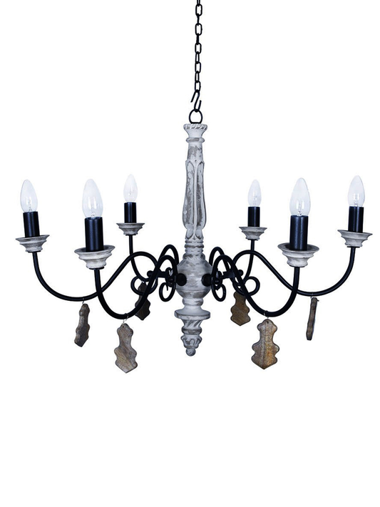 Chic French Country 6-Light Rustic White Chandelier with Hand-Carved Wood Accents
