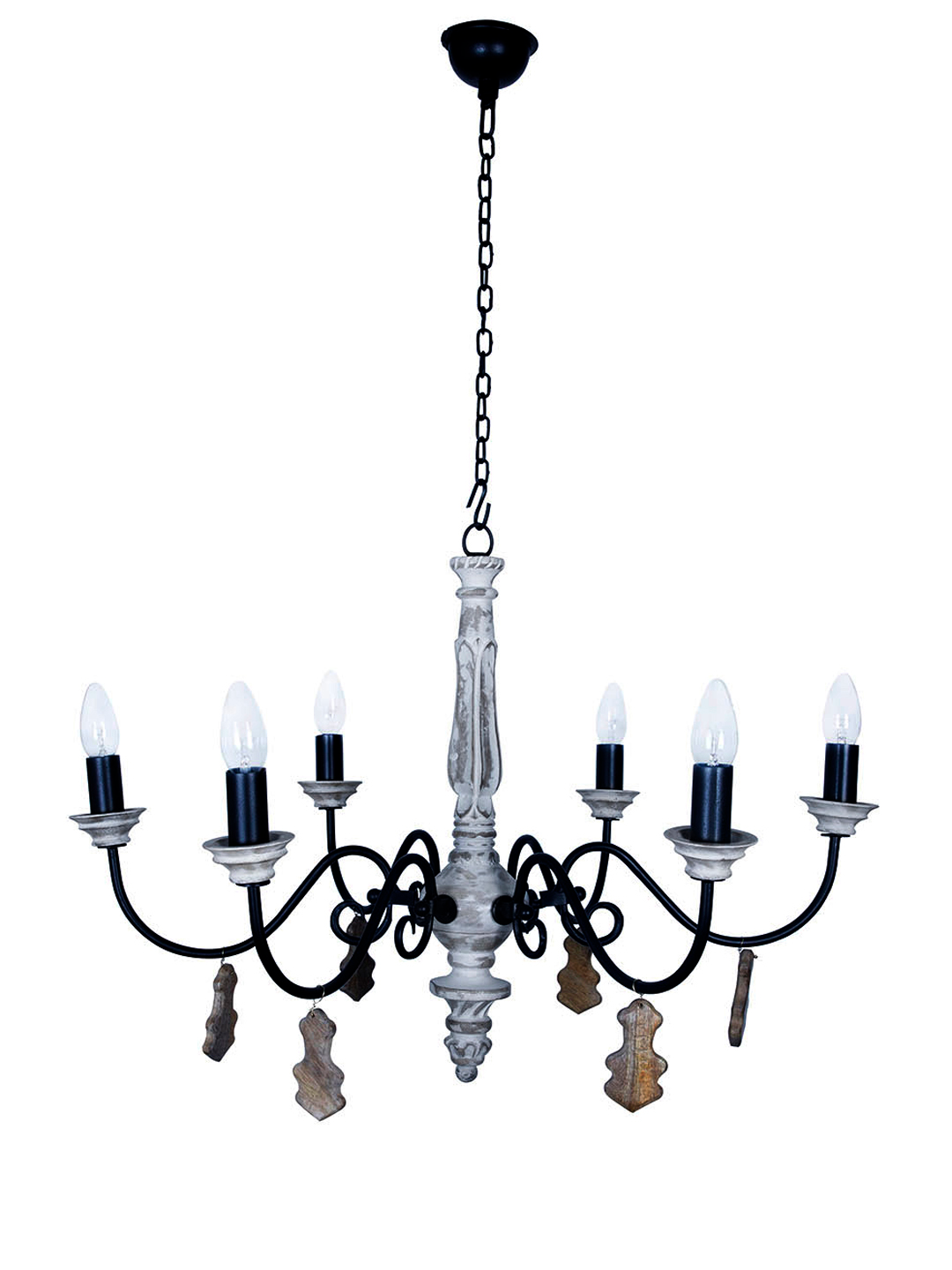 Chic French Country 6-Light Rustic White Chandelier with Hand-Carved Wood Accents