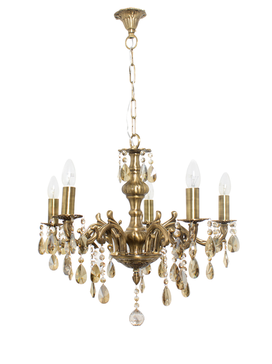 Elegant 5-Light Honey Crystal Brass Chandelier: Traditional Candelabra Style for Grand Spaces