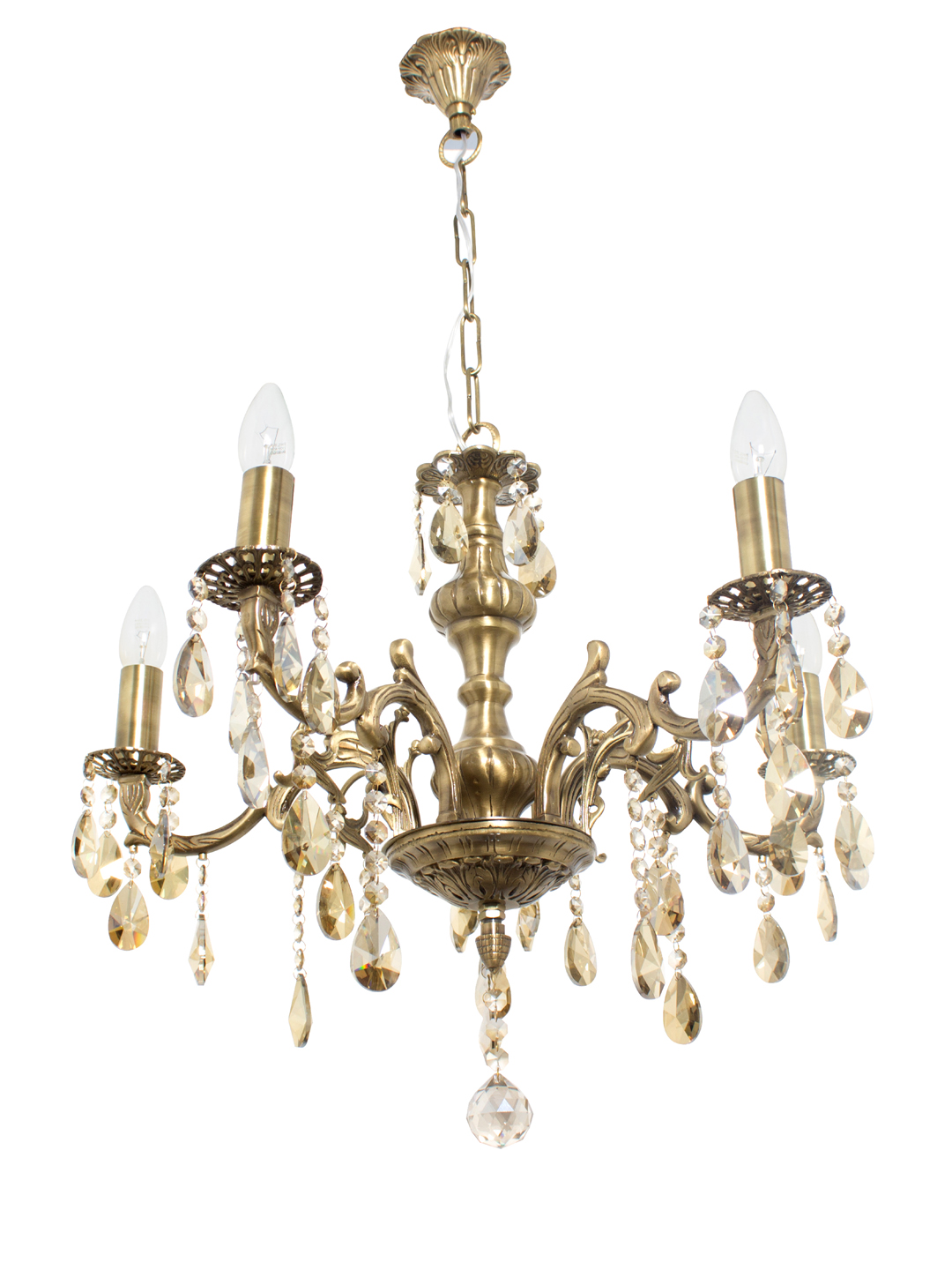 Elegant 5-Light Honey Crystal Brass Chandelier: Traditional Candelabra Style for Grand Spaces