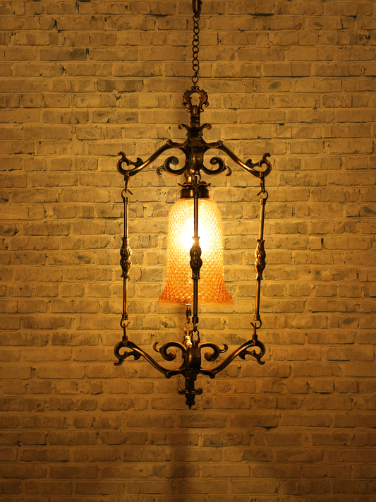 Elegant Spanish Antique Foyer Pendant Lamp with Brass Finish and Golden Glass