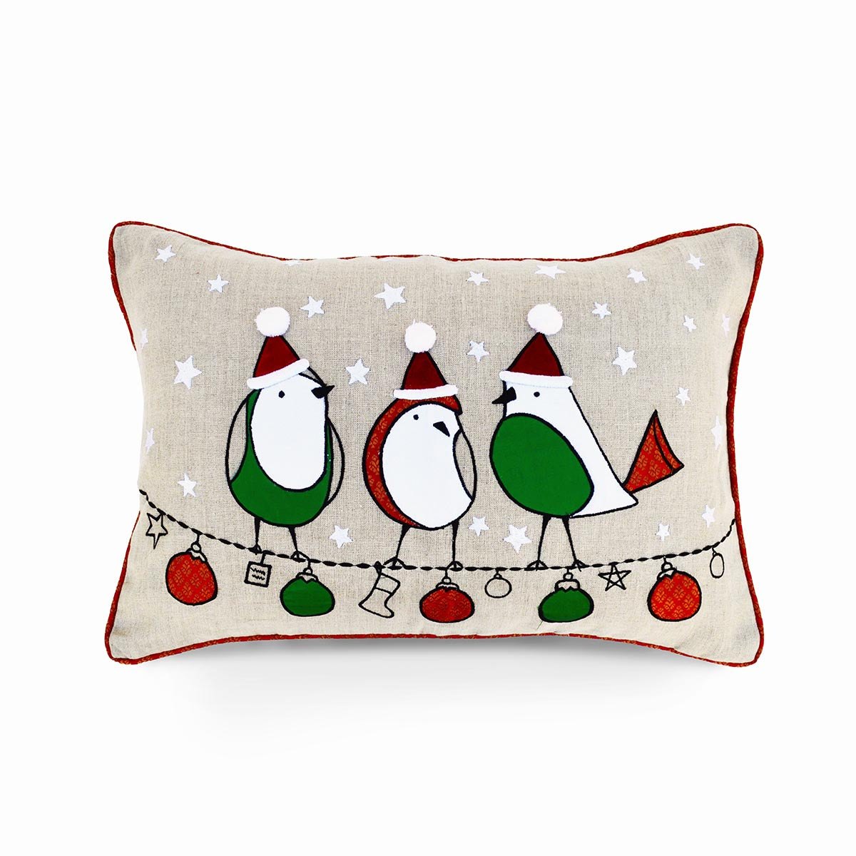 Festive Indian Brocade Linen Pillow Cover with Birds & Ornaments