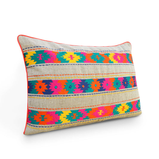Folk Kilim Embroidered Linen Cushion Cover – Patti Pattern, Boho Ethnic