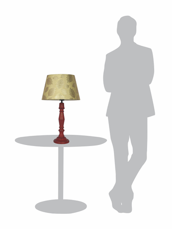 French Farmhouse Distressed Red Wooden Table Lamp with 14 Inch Gold leaf pattern Tapered Fabric Shade