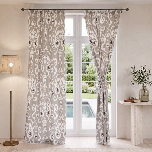 Grey Ikat Sheer Curtain Panel | Block Print Cotton Voile | 2 Sizes | 4 Hanging Styles