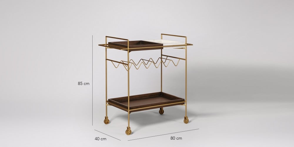 Hailey Industrial-Style Marble & Wood Gold Finish Bar Trolley