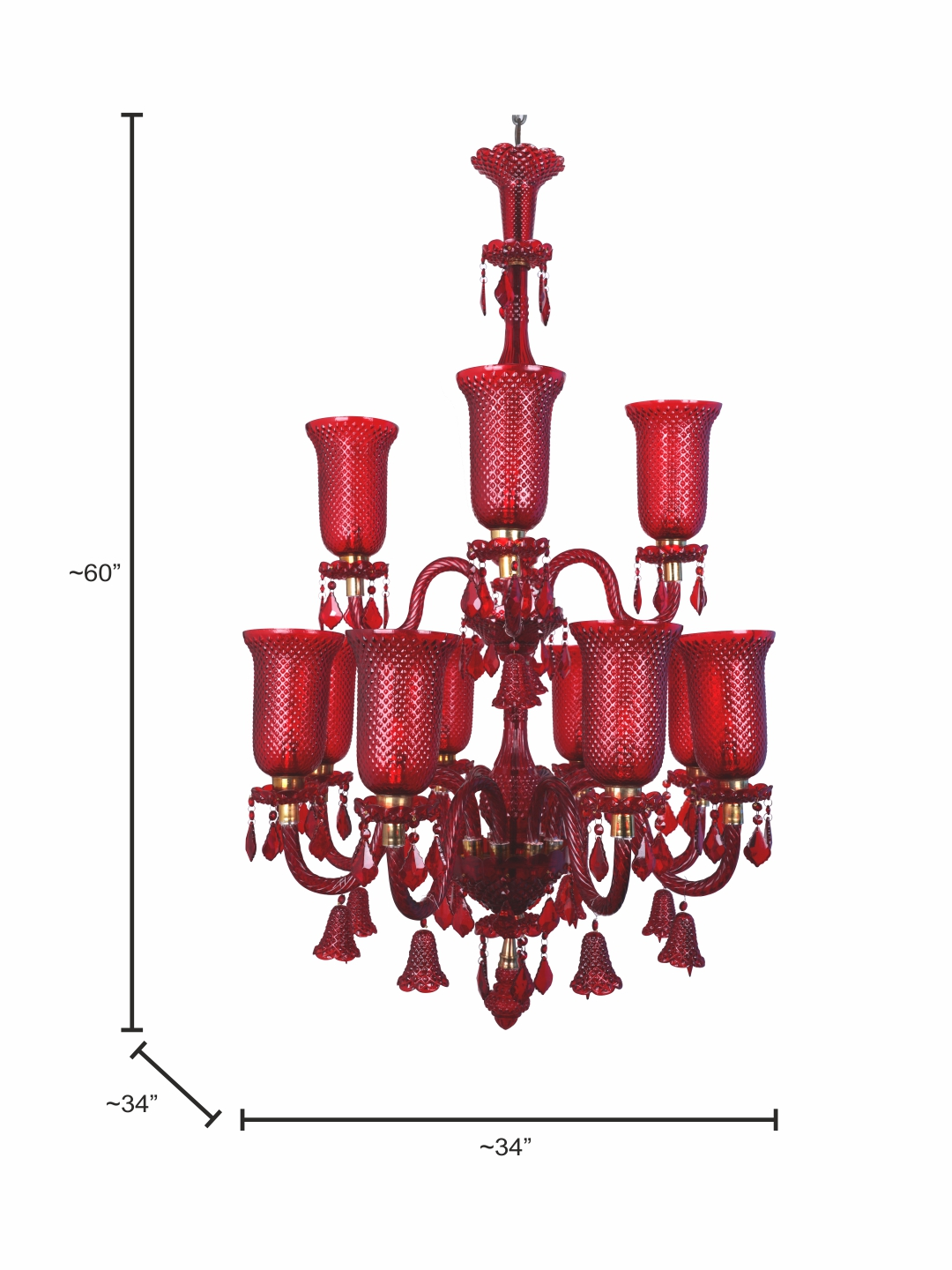 Classic 12 Light Red Molded Glass Chandelier dimensions
