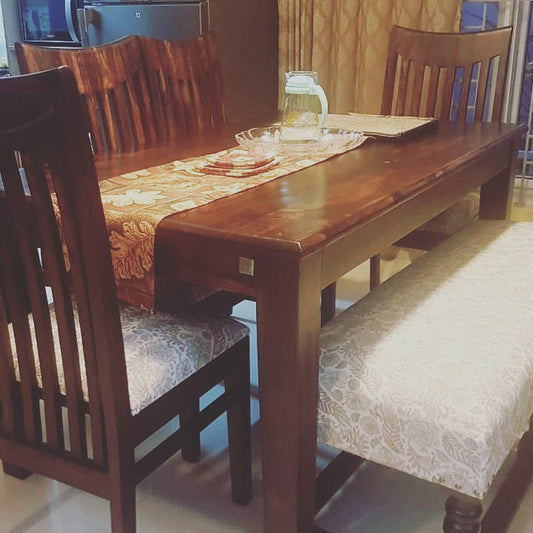6 seater Dining Table with knock down legs, 4 chairs and one bench: Sheesham Wood