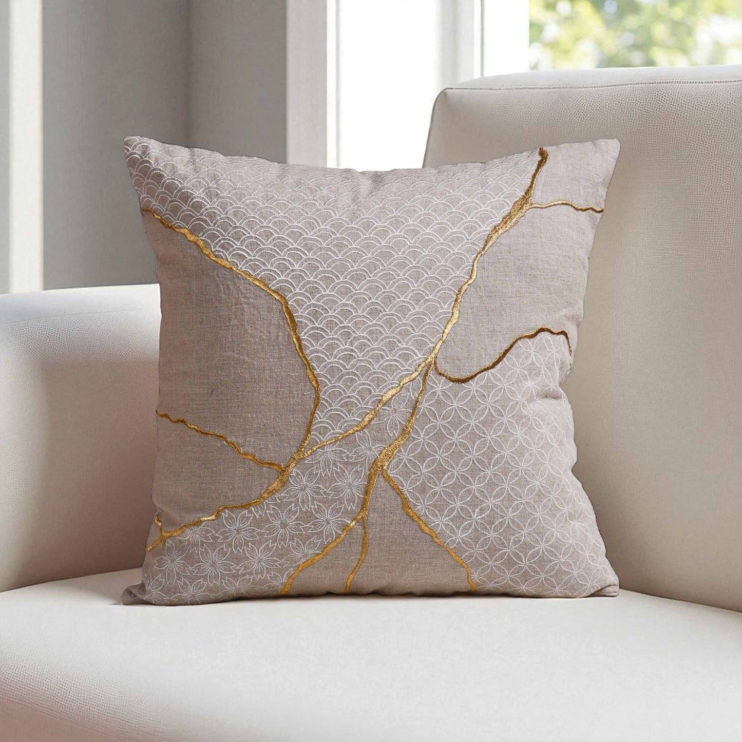 Gold & White Kintsugi Embroidered Linen Pillow Cover 18x18 Inch