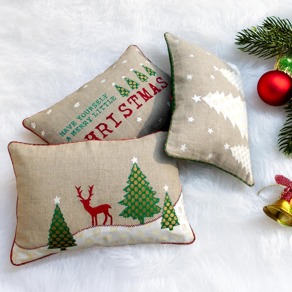 Christmas White Tree Cushion Cover – Linen & Brocade Pillow Cover | 14×21"
