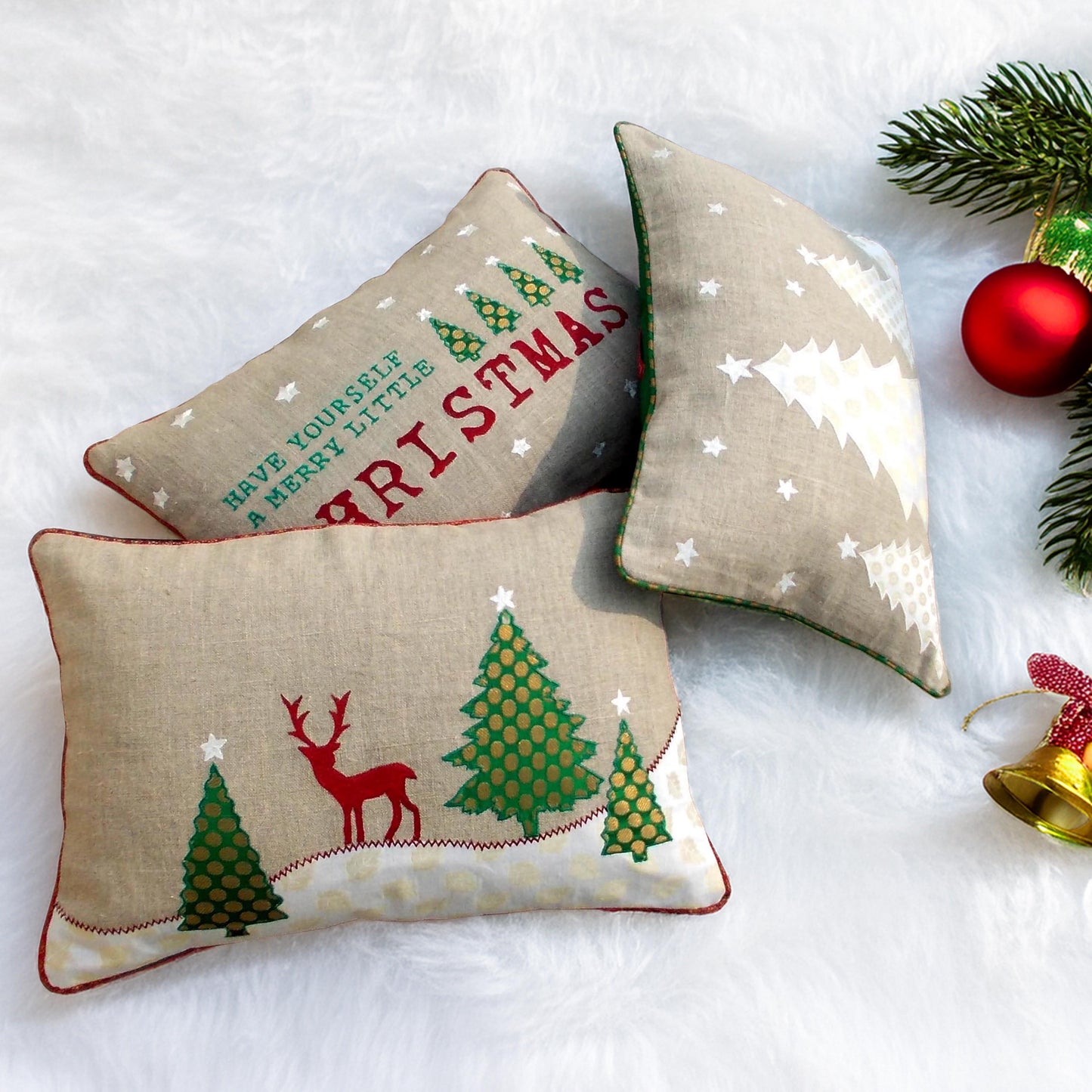 Festive White Christmas Tree Linen Pillow Cover with Brocade Detailing