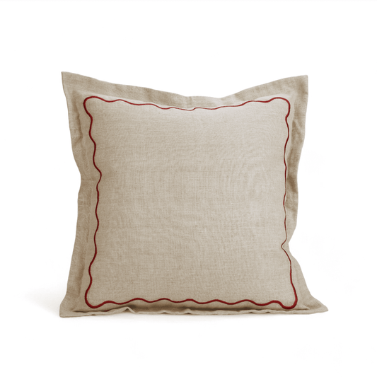 Flanged Linen Christmas Pillow Cover with Red Wave Embroidery
