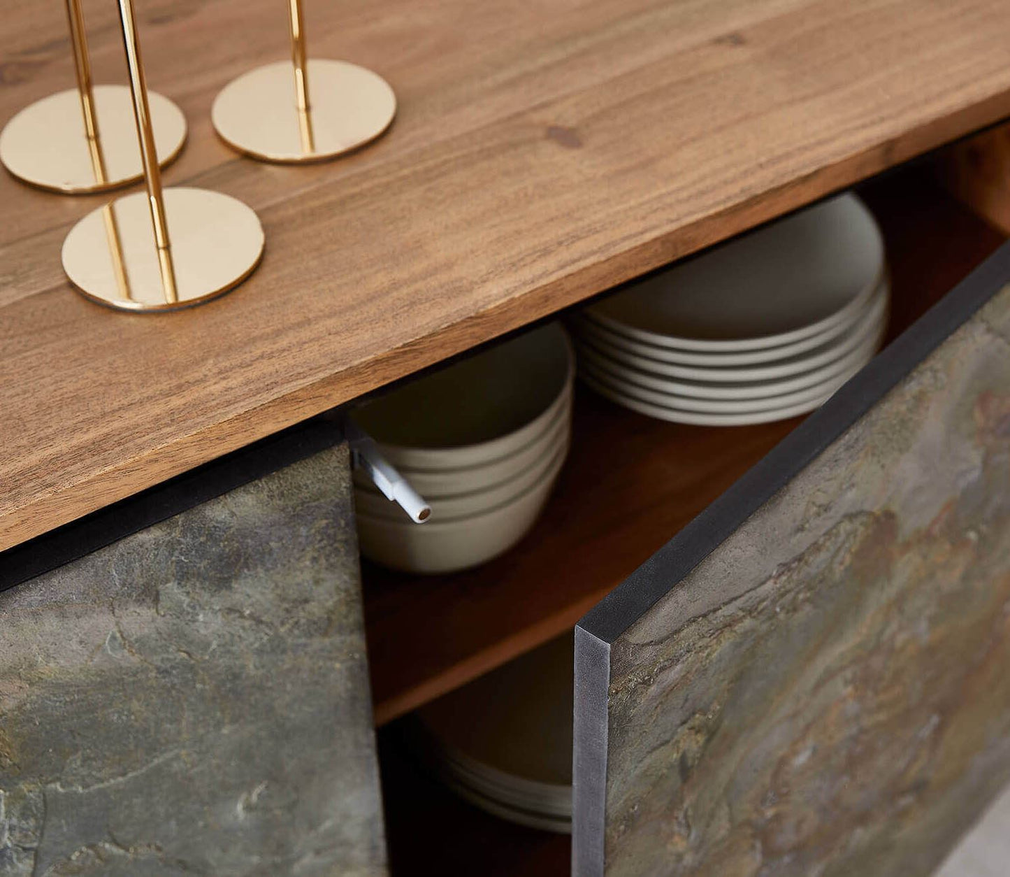 Stone cabinet storage close up
