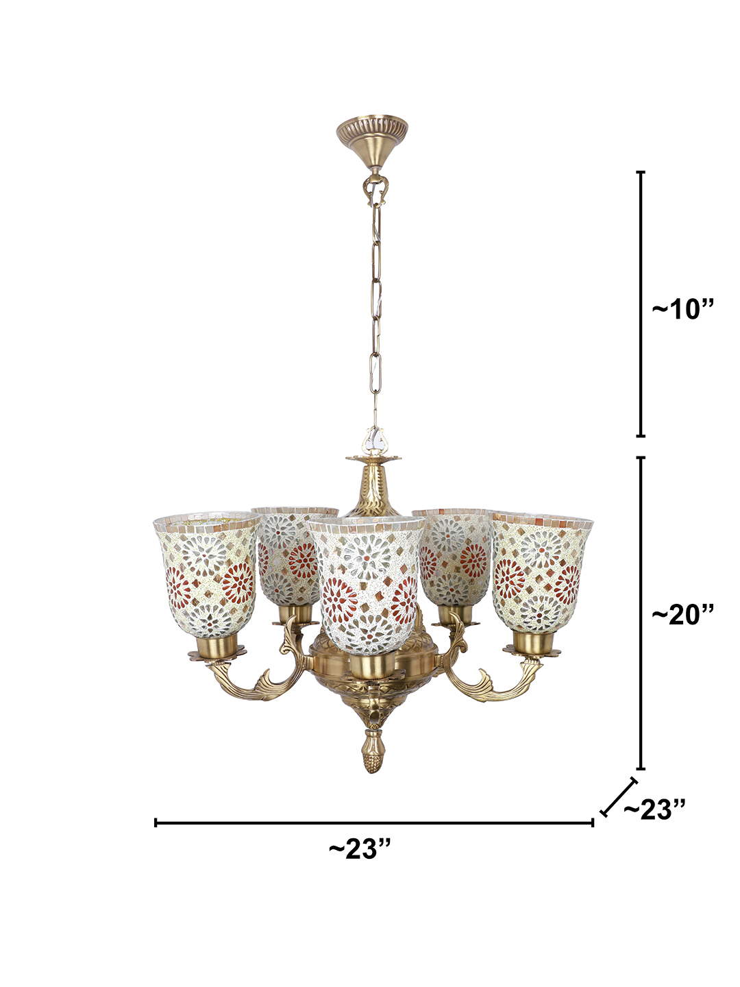 Priya 5 Light Brass Chandelier with Tilak Mosaic Glass Shades dimensions