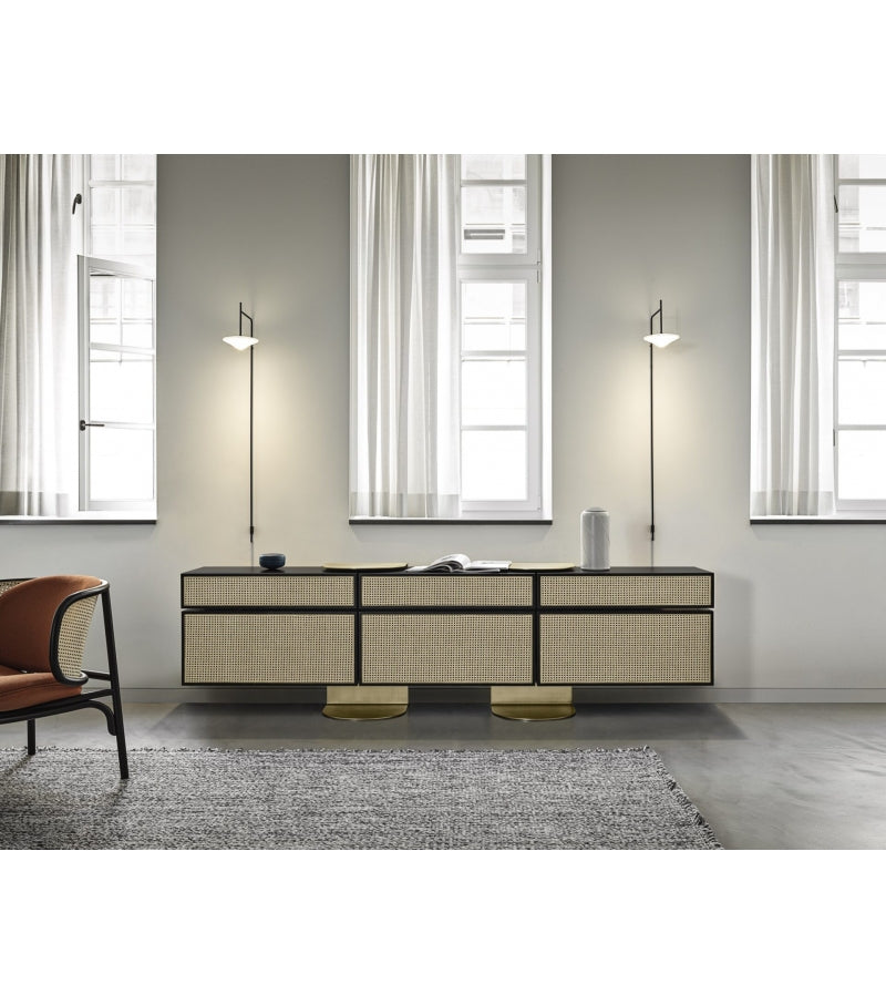 Elegant Vienna Console Storage Unit: Curved Beech, Cane Panels, Ash Shelves, Brass Accents