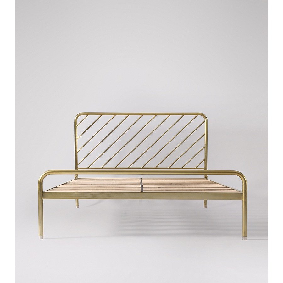 Gold Plated Metal Bed with Curved Headboard Modern Iron Frame