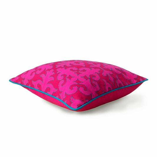 Bright Pink Shyrdak Cushion Cover – Cotton Pillowcase Turquoise Piping