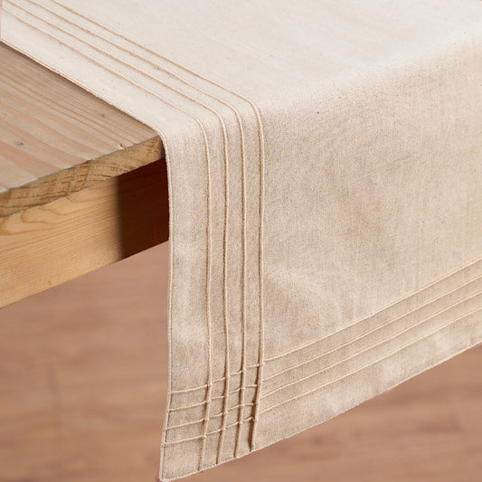 Amour Beige Linen-Cotton Table Runner with Pintuck Border