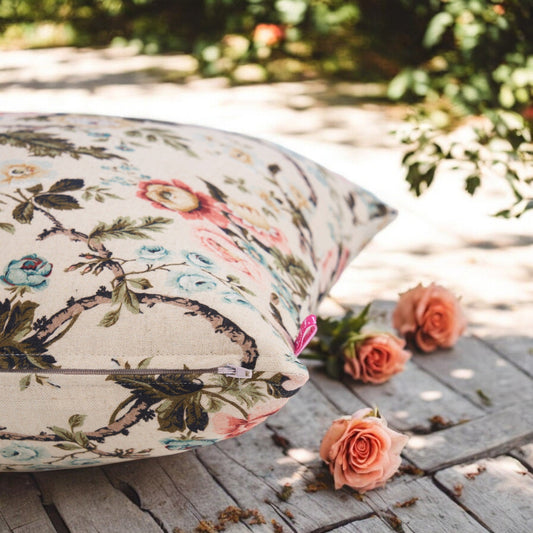 Beige Linen Pillow Cover with Vintage Rose Print Reversible