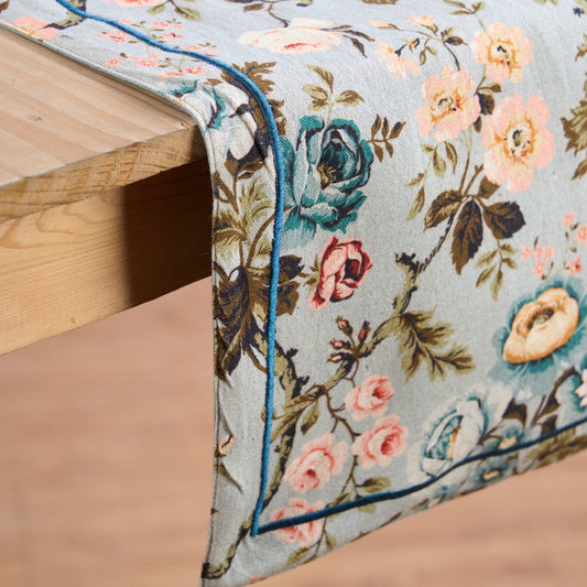 Amour Duck Egg Linen Table Runner | Vintage Rose Print | 4 & 6 Seater