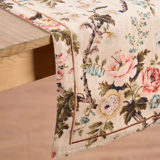 Elegant Beige Vintage Rose Print Linen Cotton Table Runner