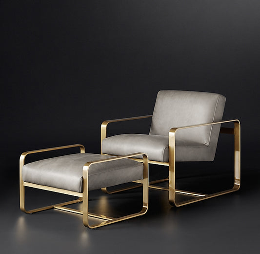 Hollywood Glamour Mid-Century Steel Frame Upholstered Chair & Ottoman Set