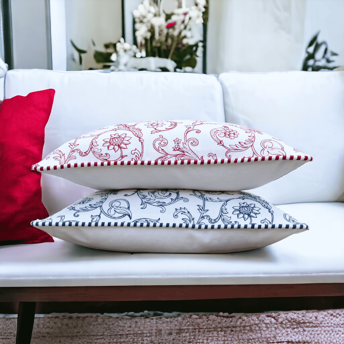 Red Swirl Victorian Cotton Pillow – 16x16 Inch Decorative Cover