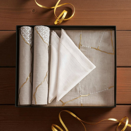 KINTSUGI Table Linen GIFT PACK - Linen and Cotton with Gold Zari and White Silk Embroidery
