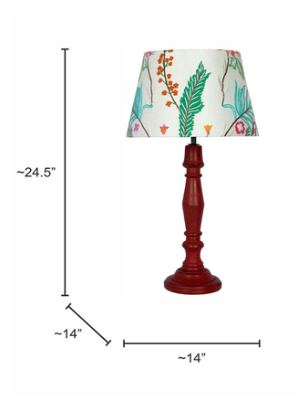 French Farmhouse Distressed Red Wooden Table Lamp with Embroidered White Tapered Fabric Shade