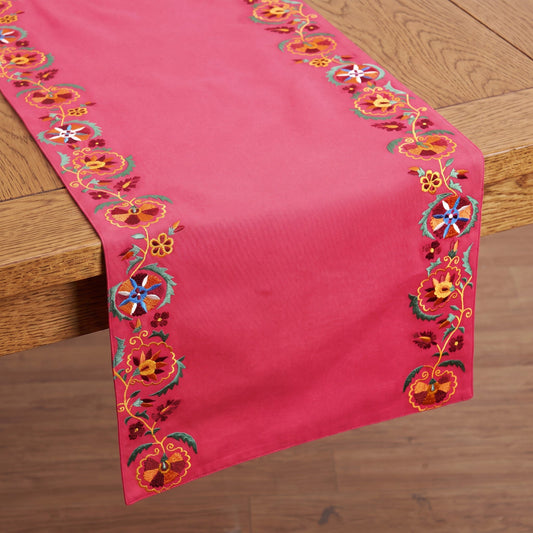 Kashidakaari Coral Red Table Runner | Embroidered Suzani Border | 100% Cotton
