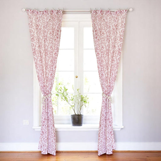 Red Swirl Cotton Voile Sheer Printed Curtain Panel Victorian Design