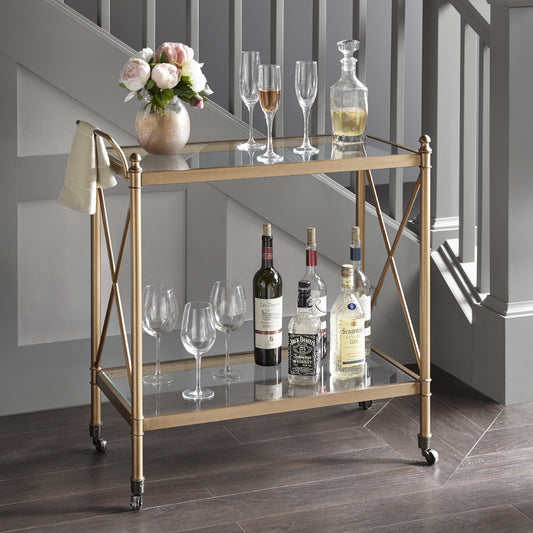 Swift Bronze Finish Bar Cart with Tempered Glass Shelves and Castors