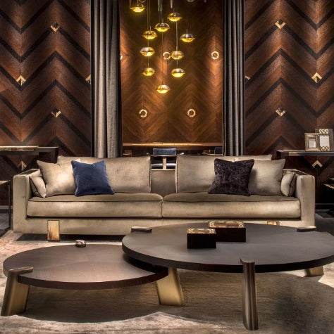 Elegant Nested Oak Veneer Coffee Table Set with Brass Accents