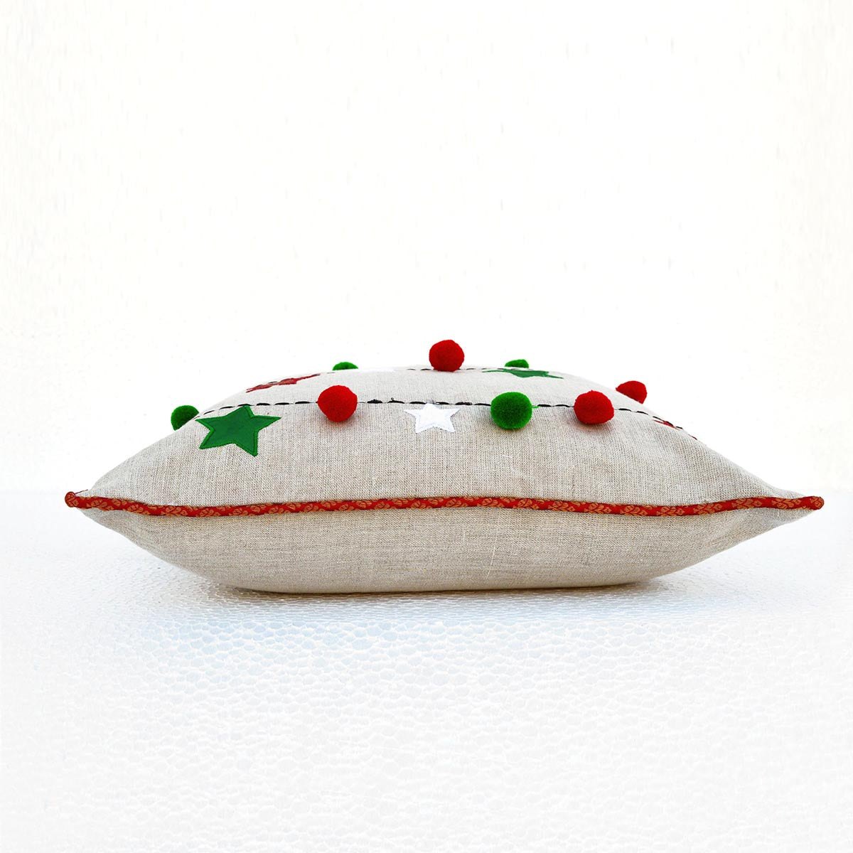 Festive Indian Brocade Linen Pillow Cover with Embroidered Pompoms