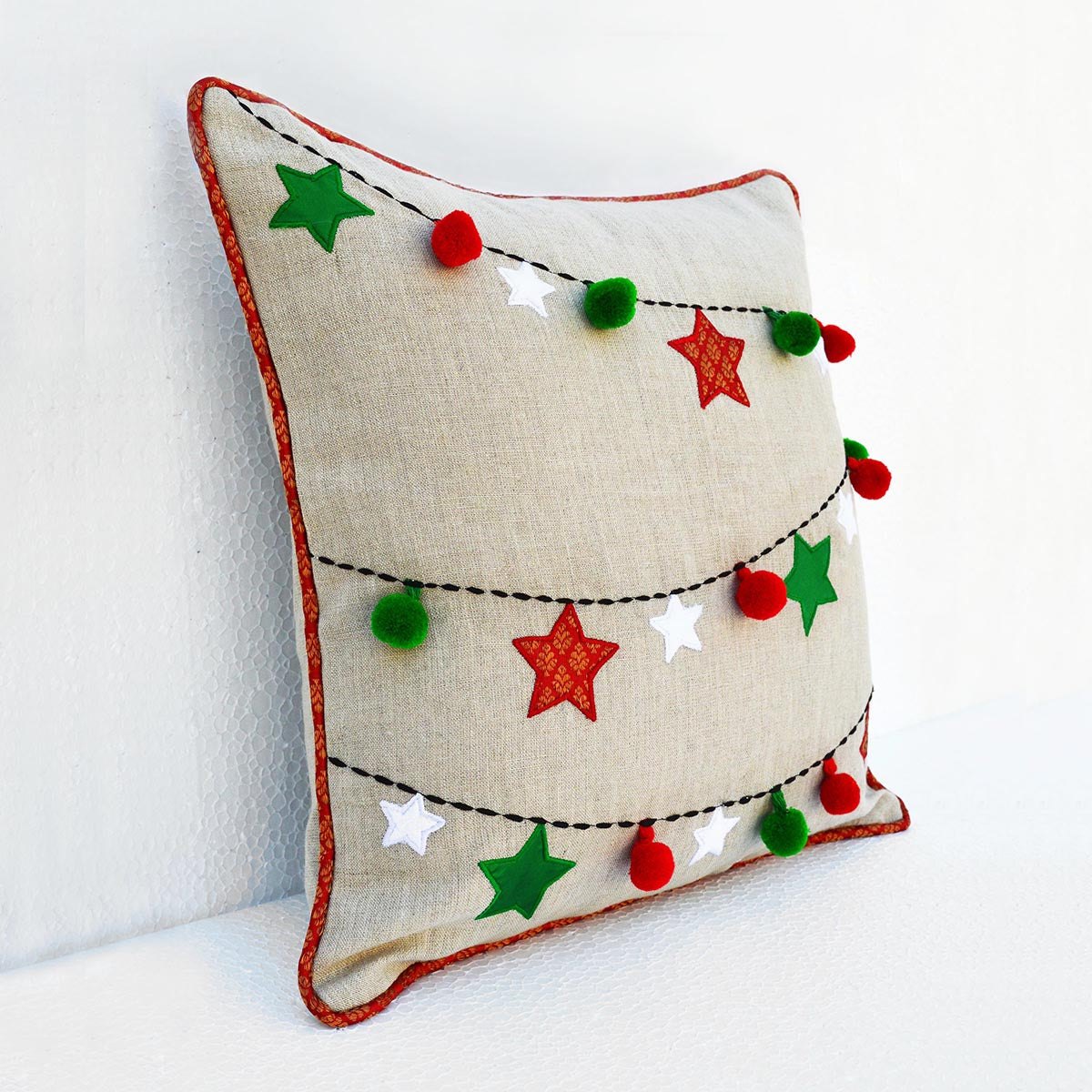 Festive Indian Brocade Linen Pillow Cover with Embroidered Pompoms