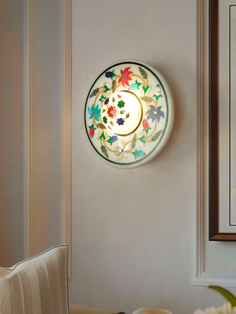 Warm Glow & Exquisite Craftsmanship: Alabaster Wall Sconce with LED & Floral Inlay