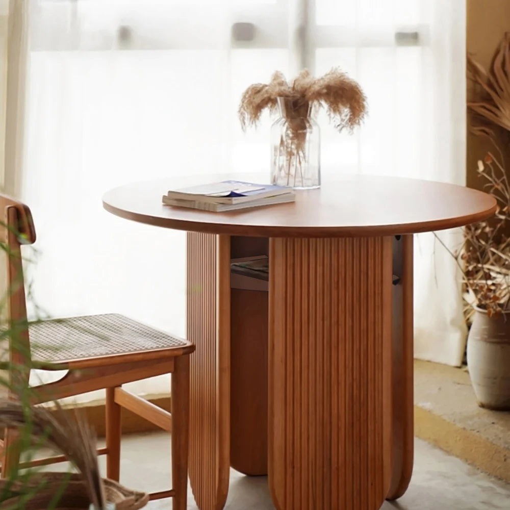 Rustic Farmhouse Round Wood Dining Table with Storage Shelf - Seats 4