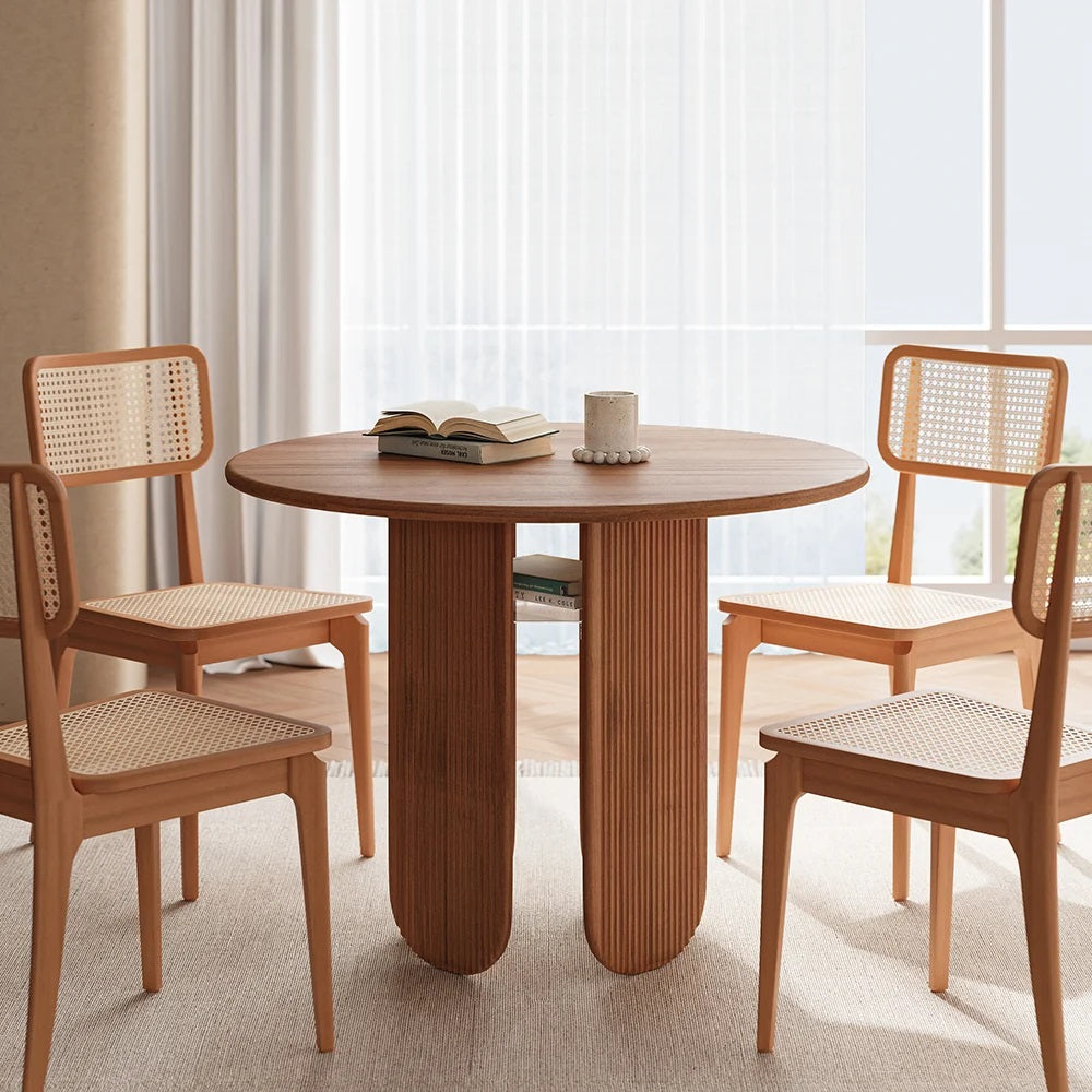 Rustic Farmhouse Round Wood Dining Table with Storage Shelf - Seats 4