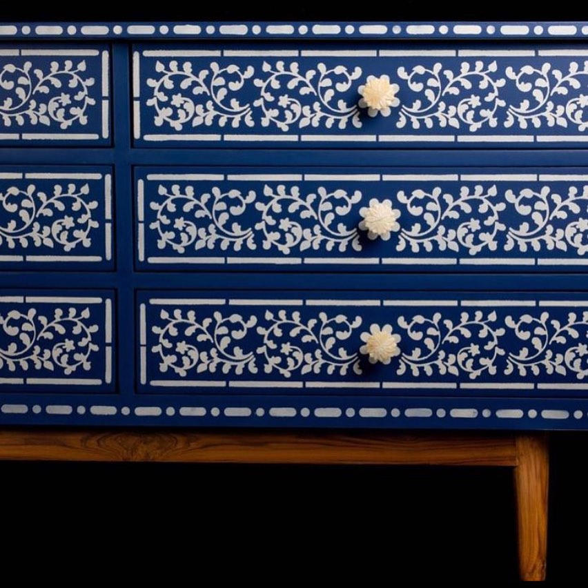 Bone Inlay Inspired Hand Painted Chest Of Drawers