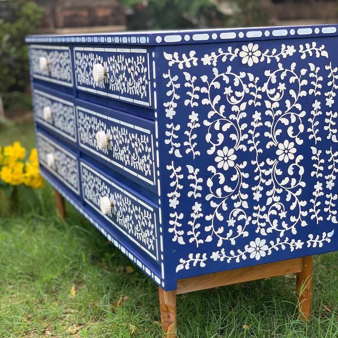 Bone Inlay Inspired Hand Painted Chest Of Drawers