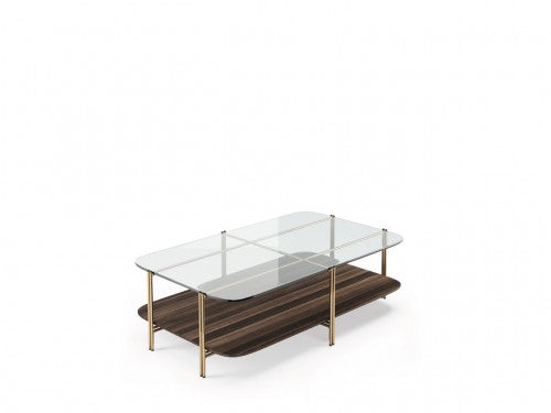 Modern Bamboo-Inspired Two-Tier Glass Top Coffee Table with Brass Finish Legs