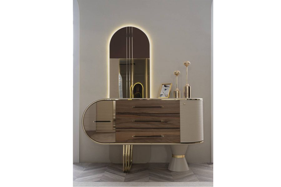 Elegant Retro Dressing Unit with Large Mirror, Marble Top, and Ample Storage