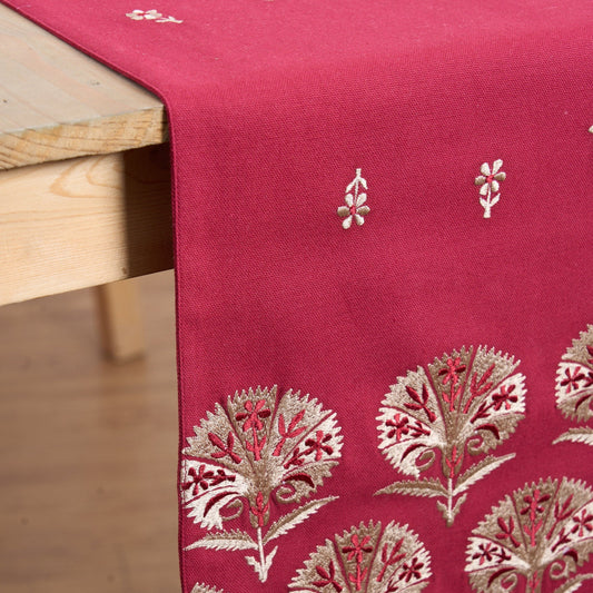 Elegant Maroon Embroidered Suzani Table Runner – Handcrafted Cotton