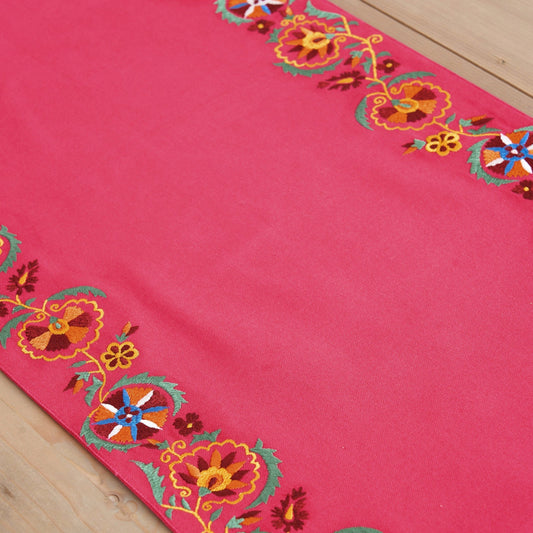 Coral Red Cotton Table Runner with Hand‑Embroidered Suzani Border