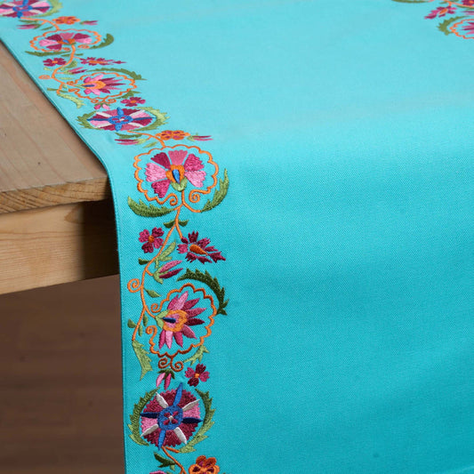Elegant Turquoise Hand‑Embroidered Suzani Table Runner – 100% Cotton Floral